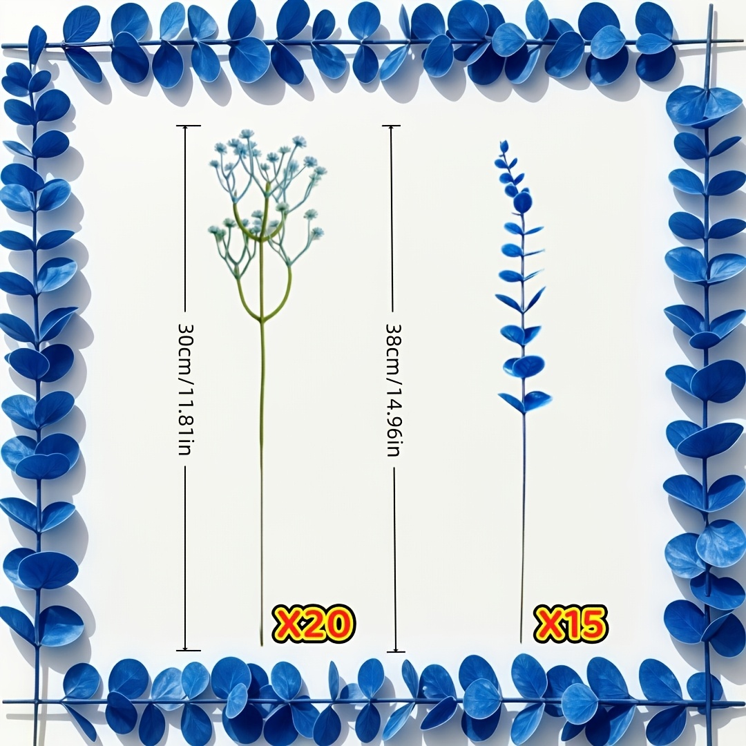 TEMU 35pcs Nouveau Bouquet d'Eucalyptus Bleu Foncé et de Bleu, Réaliste et Résistant à la Décoloration Toutes Saisons. Parfait pour la Décoration de