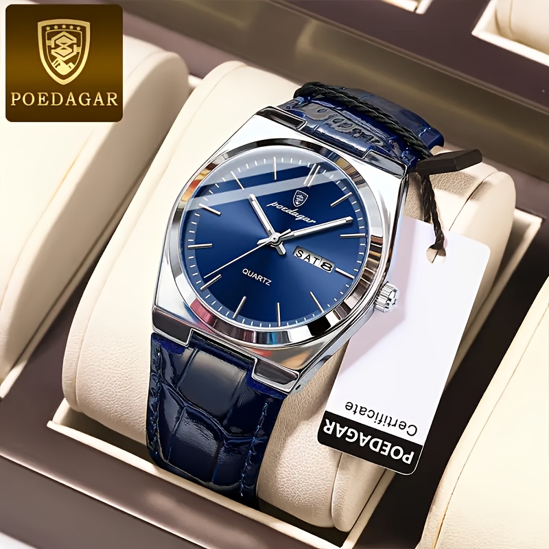 mens quartz   style luminous dial round case with blue pu leather strap date function strong luminescent hands non rechargeable button battery alloy case wristwatch details 0