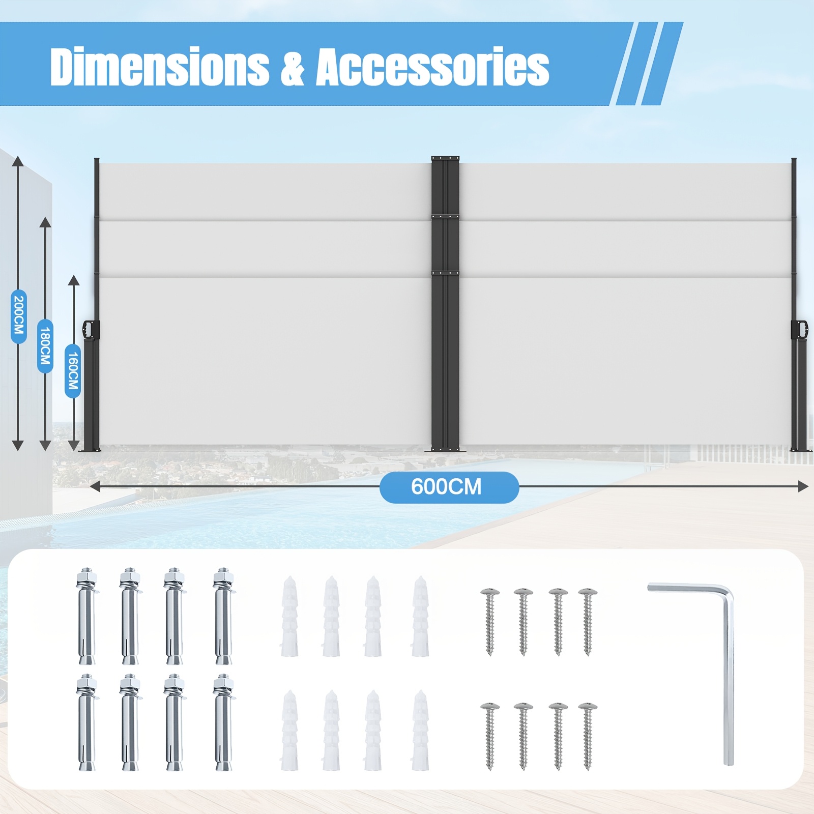 Lonflat Double-sided Retractable Side Pull Privacy Screen, L-shaped Wall-mounted Garden Divider, Size 160/180/200x600cm, , Light Grey, With Ergonomic Handle Courtyard Balcony Privacy Fence