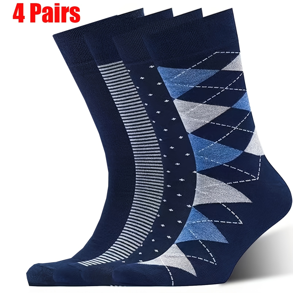 TEMU 4 Pairs Classic Retro Mid-calf Socks, Autumn/winter New Arrival - Thick And Warm, Available, Navy/british Checkered / Striped / Polka Dot