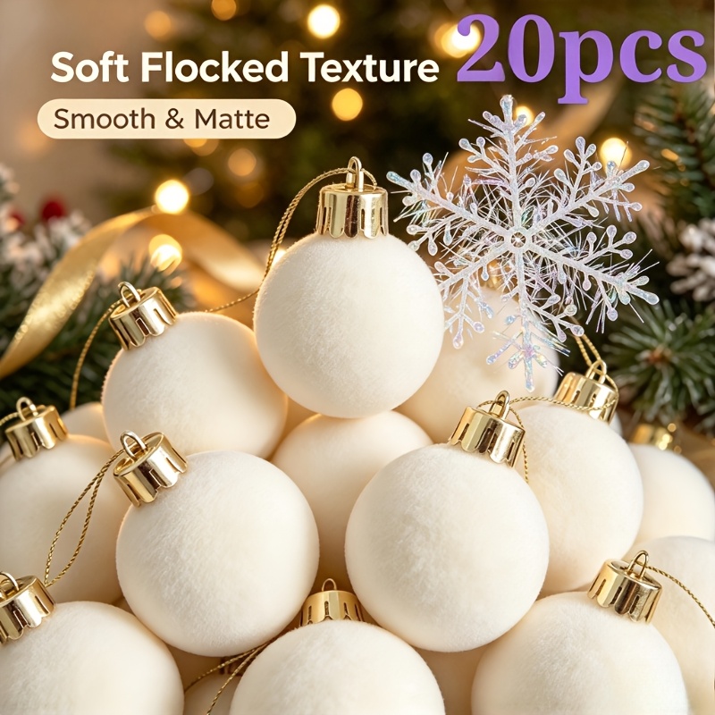 TEMU Lot de 20 boules de Noël floquées beige laiteux de 3 cm, inclut des ornements de neige irisés de 10 cm, boules de Noël suspendues à texture