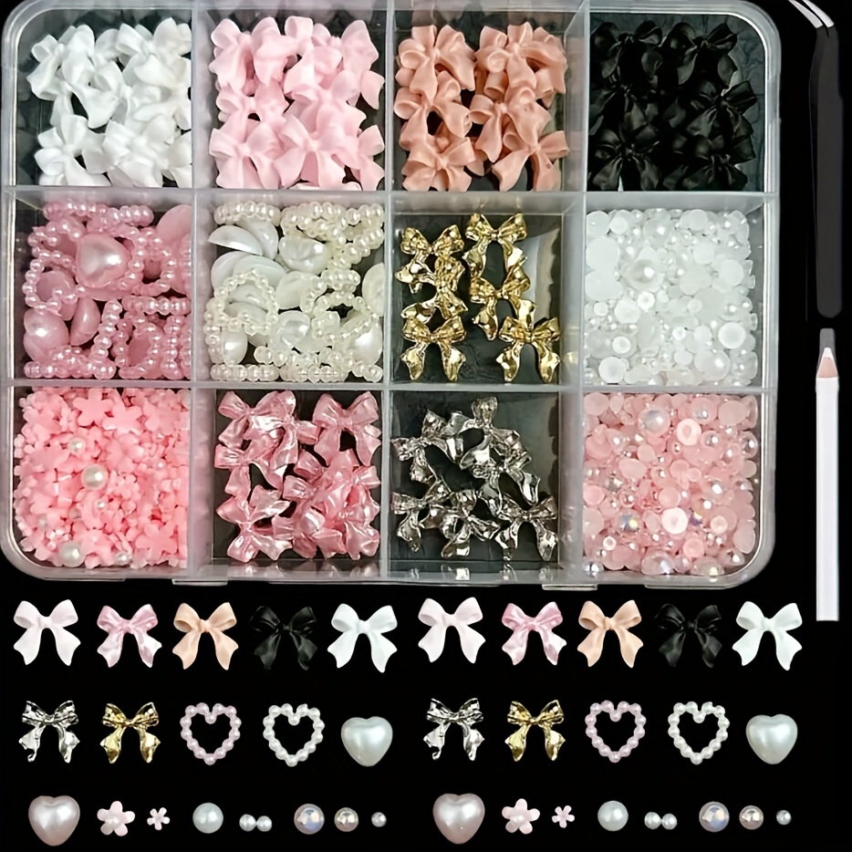 TEMU 12 Гръди 3D Декорация за нокти с лъкове от смола - Плосък зад пърли, Разнообразни декорации с лъкове на пеперуди, Празни сърца с кристали, Бели