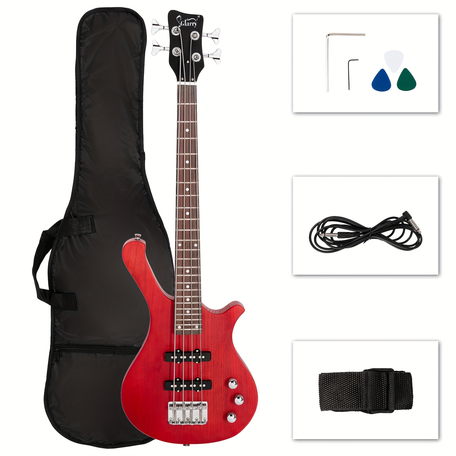 

36in Small Scale Electric Bass Guitar Suit With Mahogany Body Ss Pickups, Guitar Bag, Strap, Cable Red