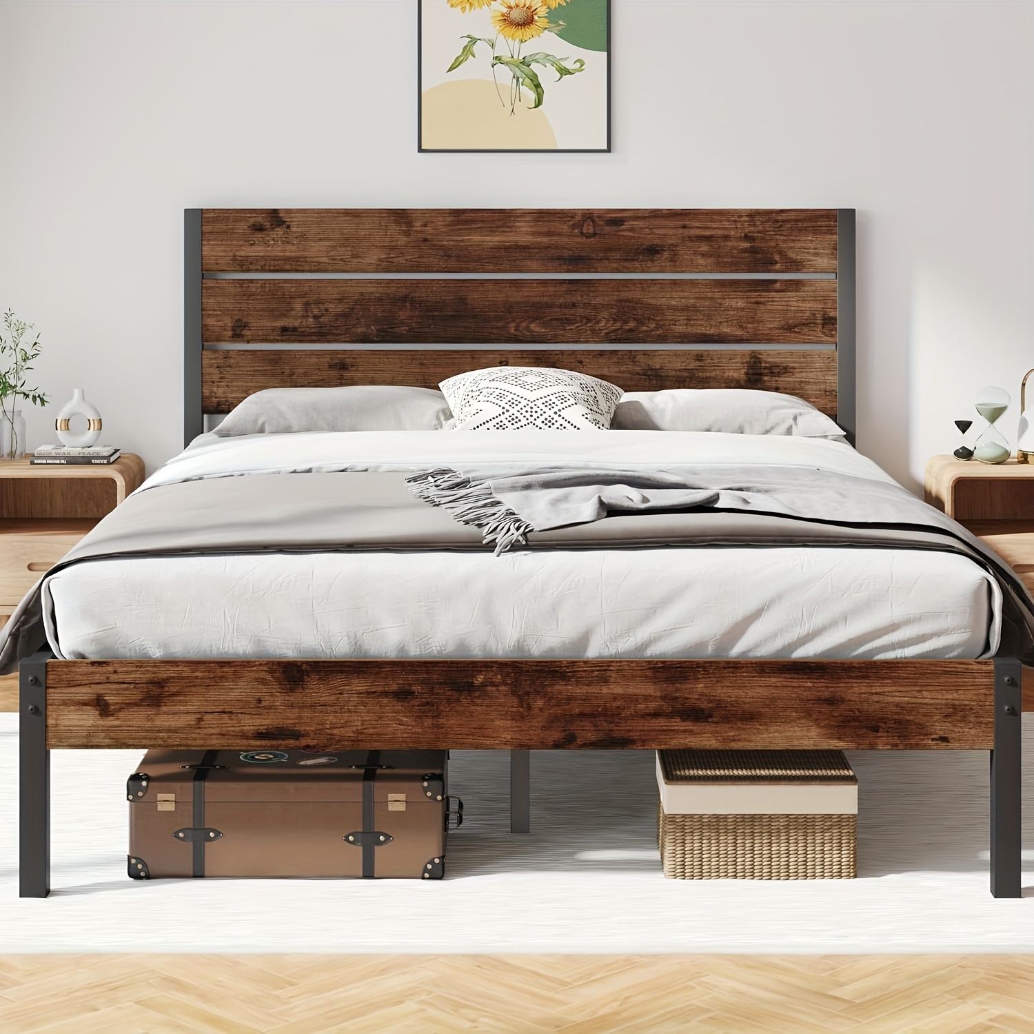 

Queen Bed Frame With Headboard And Footboard, With Under Bed Storage, All-metal Support System, No Box Spring Needed, Easy Assembly, Rustic Brown