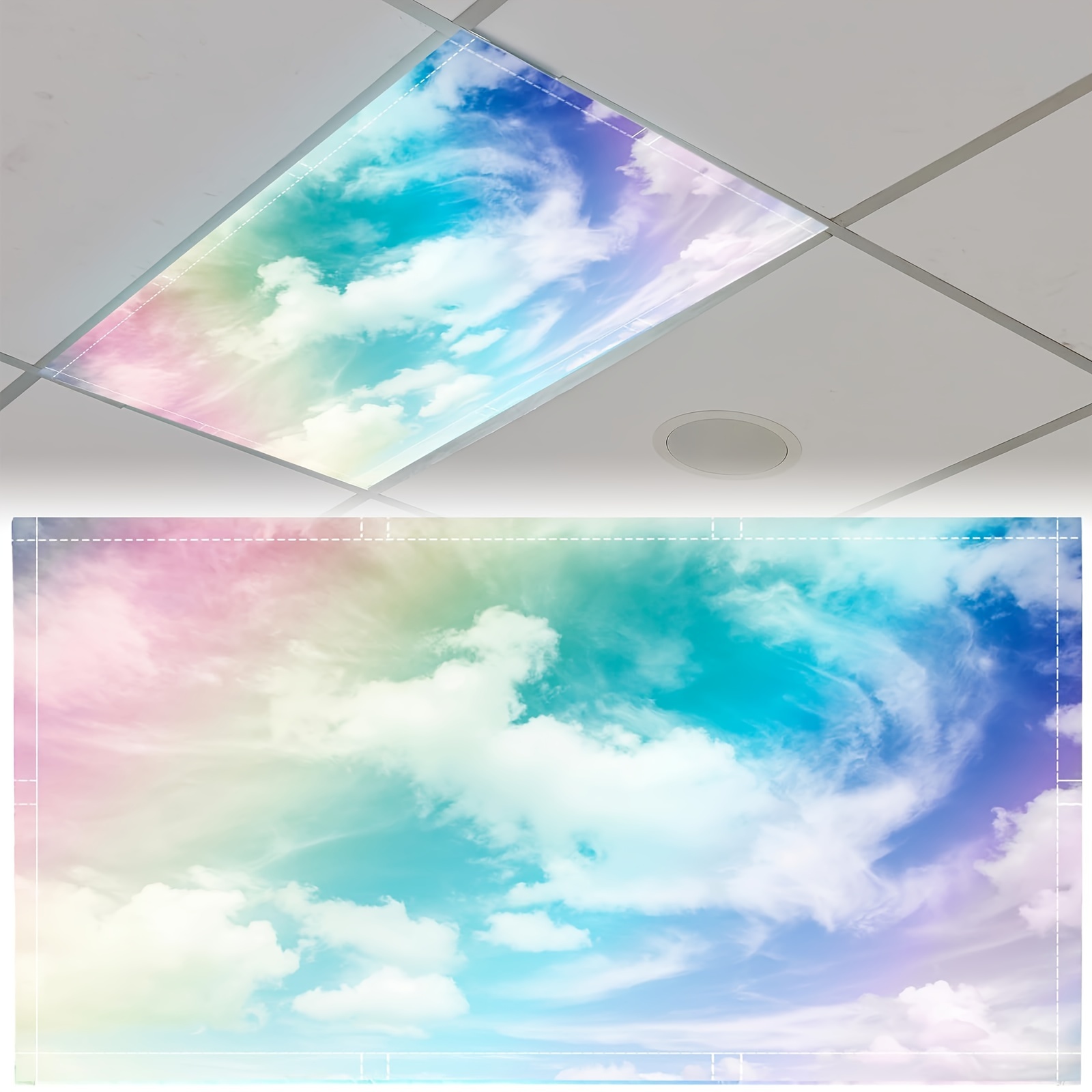 

Magnetic Fluorescent Light Panel - Colorful Auspicious Clouds Design, 24x48" Ceiling Lamp Shade For Home, Office, Classroom - Easy Install, No Wiring Needed