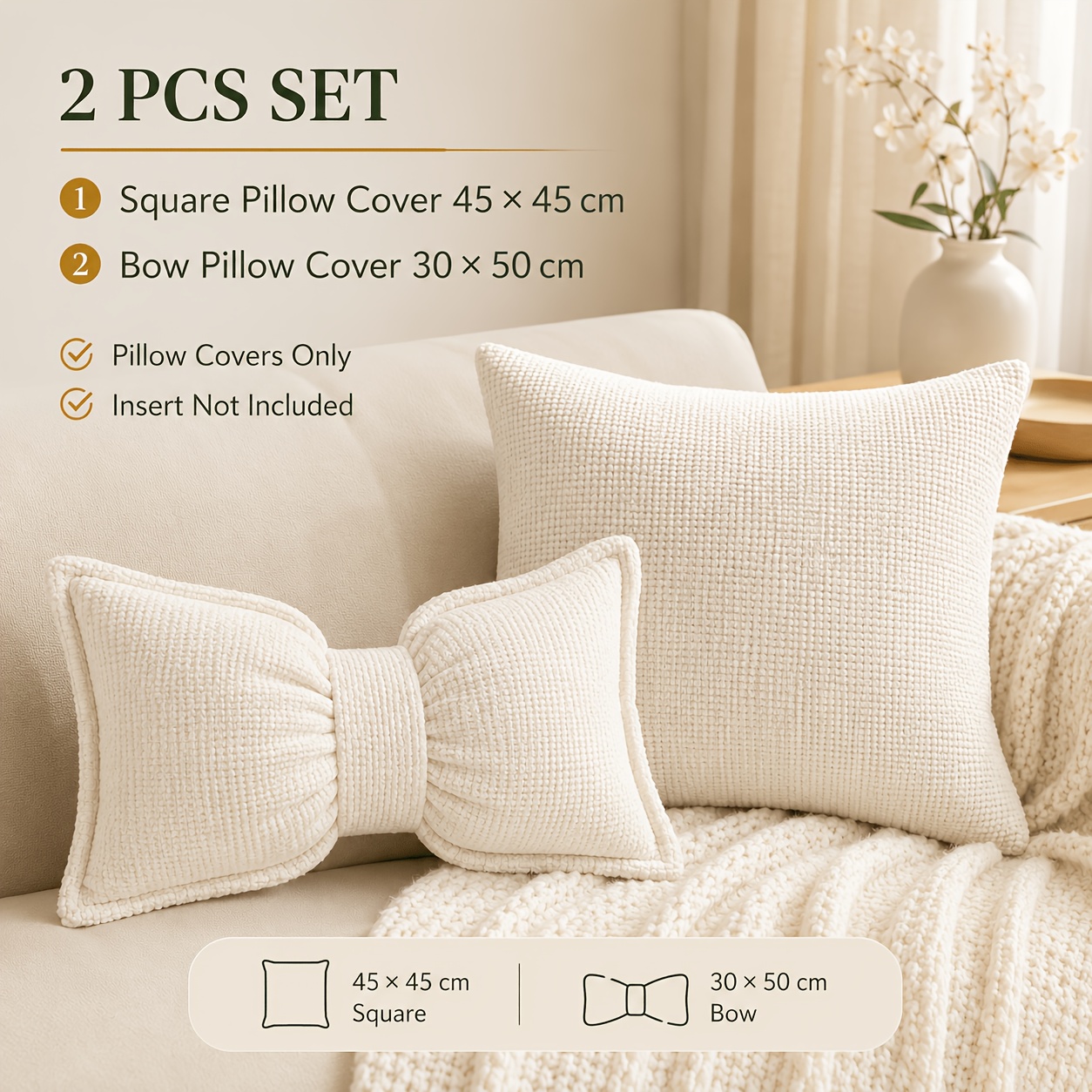 TEMU 2pcs Set Of Matching Color Pillowcases, Includes 45x45cm Square Pillowcase Without Hemming And 30x50cm Hemmed Bow Waist Pillowcase, Textured
