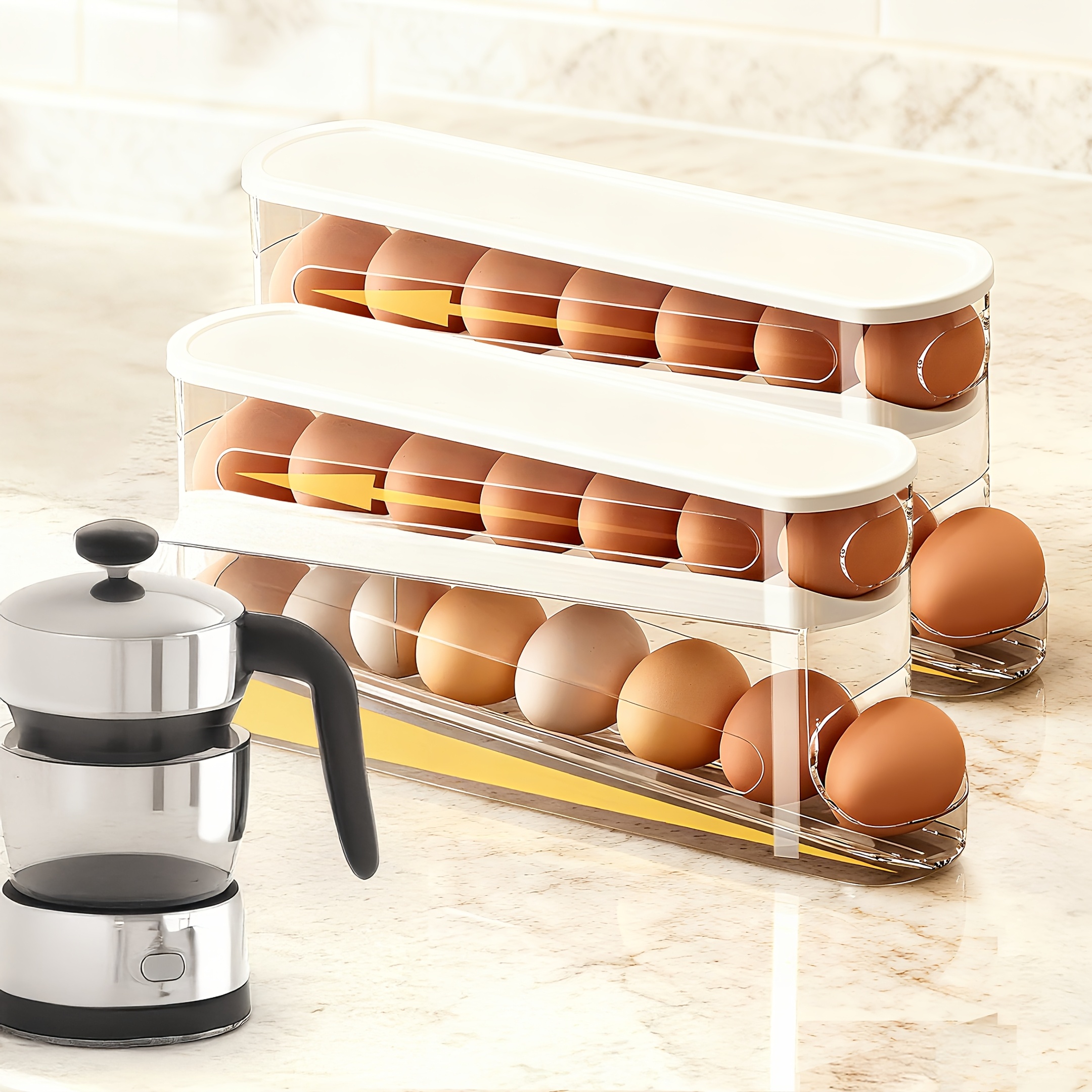 TEMU Space-saving Automatic Storage Rack For Refrigerator-large Capacity, 1/2/3 Layers, Durable Pp Pet Material, Egg Storage Box