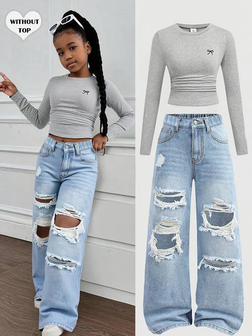 girls fashionable light blue wide leg denim pants with a washed and distressed design loose straight built in zipper casual and stylish suitable for girls aged 7 14
