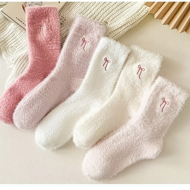 4 pairs of autumn and winter socks for women   bow plush socks cute and sweet   tube socks thickened   sleeping socks