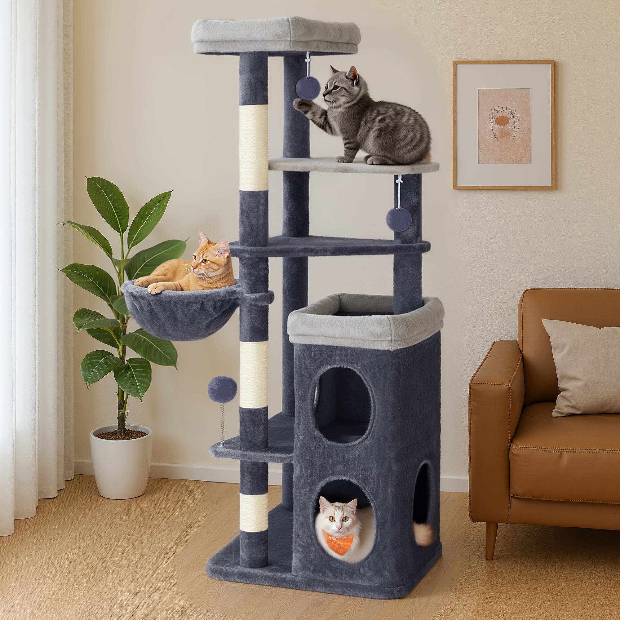 Image of Tall Cat Tree, Multiple-level Cat Tower With 2 Caves, 3 Scratching Posts, Light Grey And Dark Grey