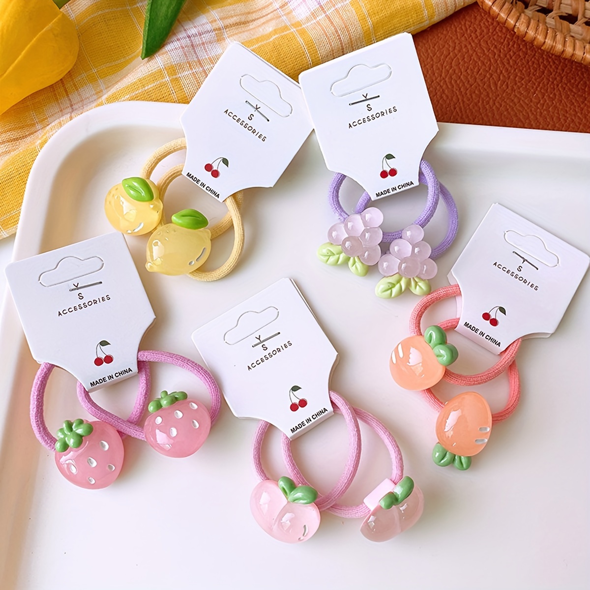 

10pcs Color Matching Cartoon Fruit Hair Rope Set - Polyresin Elastic Hair Ties For Ponytails - Cute And Accessories For Girls And Women - Soft And High Hair Bands 14+