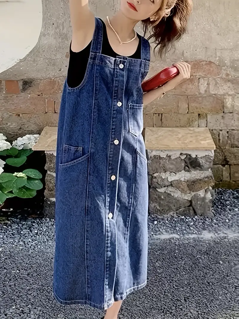 denim suspender skirt dress LEDI W High waist fine wash split denim strap skirt dress