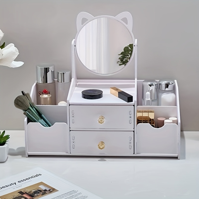 1pc Chic White Pink Vanity Storage Box Cosmetic Organizer