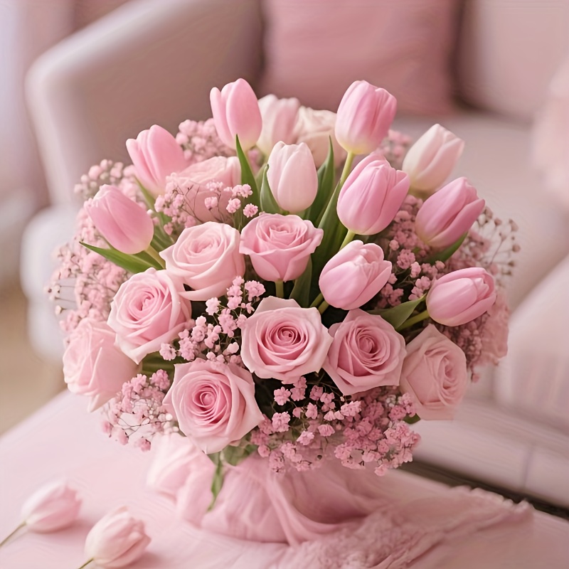 A Bouquet of 38 Artificial Roses, Tulips, And 'S Breath, Realistic Home Decor Suitable for Living Rooms, Tabletops, Gardens, Malls, Coffee Shops, And More - Usable All Year Round Without Maintenance, Perfect for Anniversaries, Thanksgiving