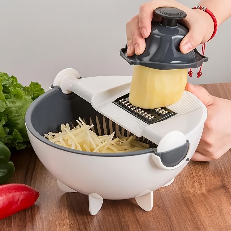 1  functional 9 in 1 plastic vegetable cutter and strainer basket with detachable blade non slip handle and   design for shredding slicing and draining kitchen gadget for potatoes carrots onions details 1