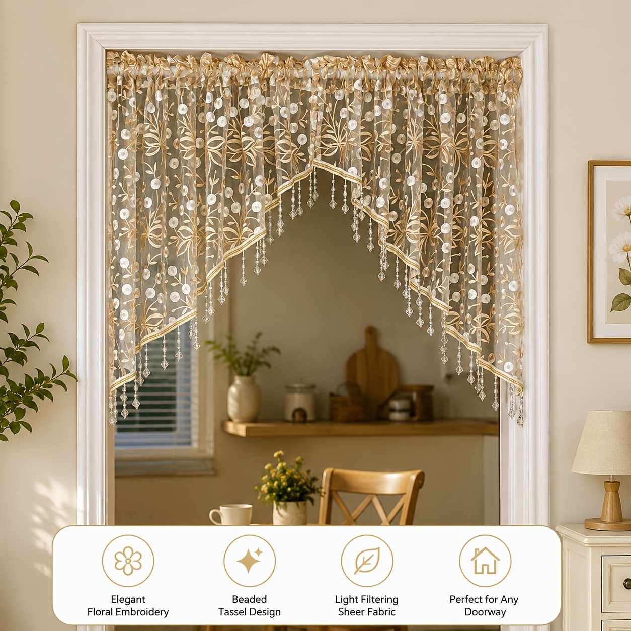 TEMU Elegant Lace Door Curtain With Crystal Bead Tassels, Lightweight And Breathable Floral Curtain, Romantic Semi-sheer Divider Curtain, Ideal For