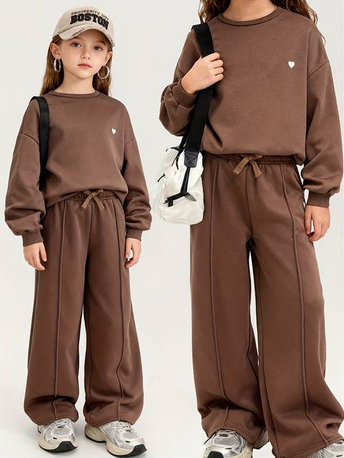 item picture same style development teen girl clothes girls apparel teen casual back to chocolate brown crewneck pullover and wide leg pants set girls crewneck sweatshirt and sweatpants set bohemian street style pullover tracksuit
