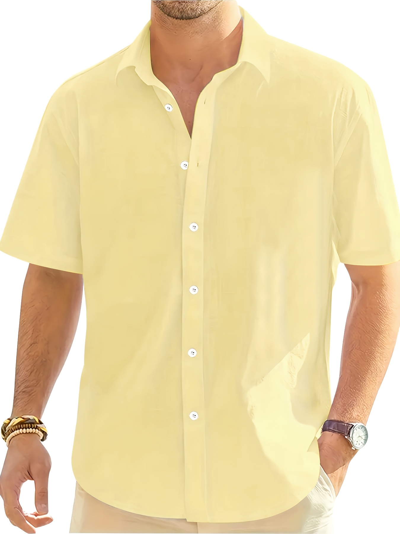 mens light yellow short sleeve dress shirt breathable non - Temu