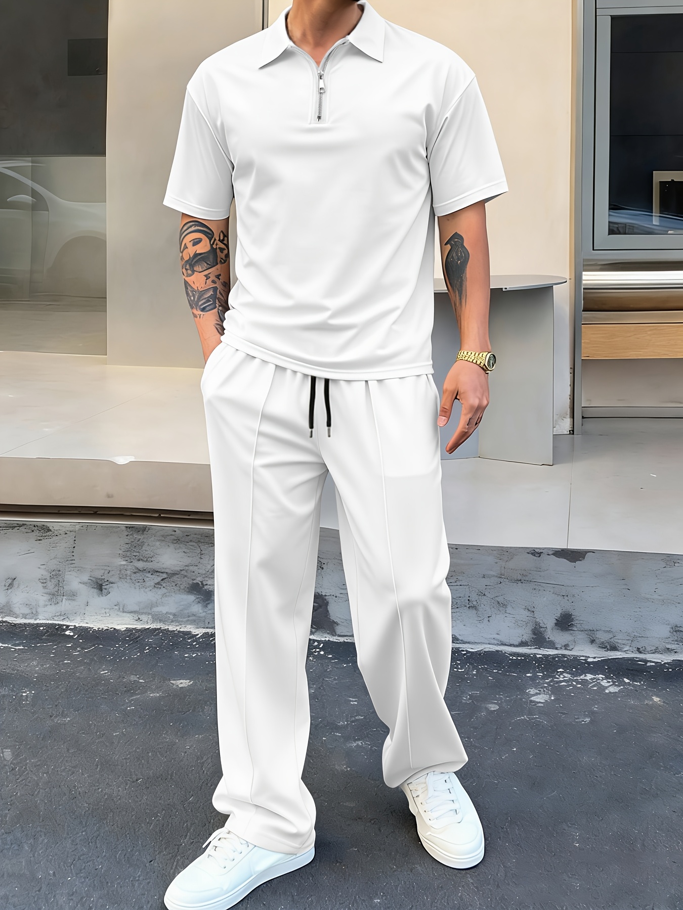 1 vnt. vyriškas 2 dalių marškinėlių su užtrauktuku ir kelnių su raišteliais komplektas, kasdienis sportiškas stilius, lengvas, kvėpuojantis, greitai džiūstantis, vasaros kasdienis drabužių komplektas atostogoms, kelionėms į darbą