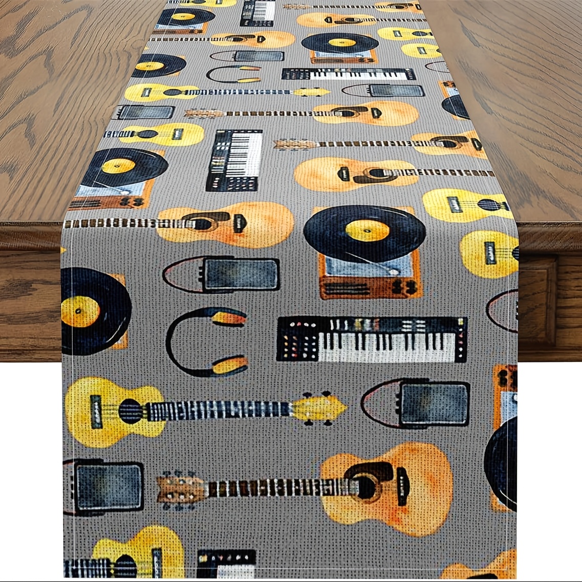 TEMU 1pc,linen Runner Musical Instruments Rectangular Runner Guitar Record Table Runners Headphones Speaker Table Runner Black Hippie Table Runner