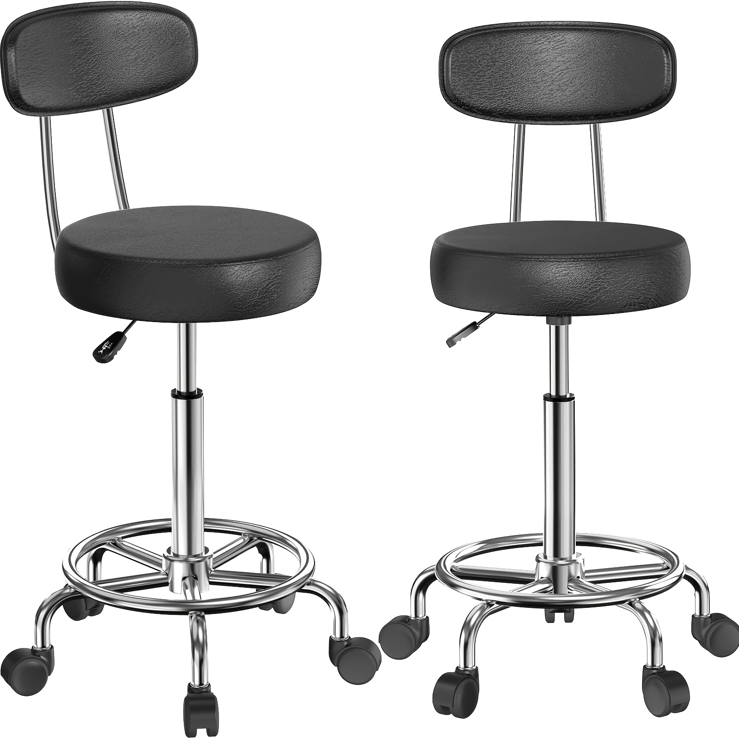 2 Armless Office Chairs With Lumbar Support, Rolling Stool Ergonomic Desk Chair Swivel Adjustable Kitchen Stools, Vanity Manicure Chair With Backrest, Black 35x35x48.5-63.5cm