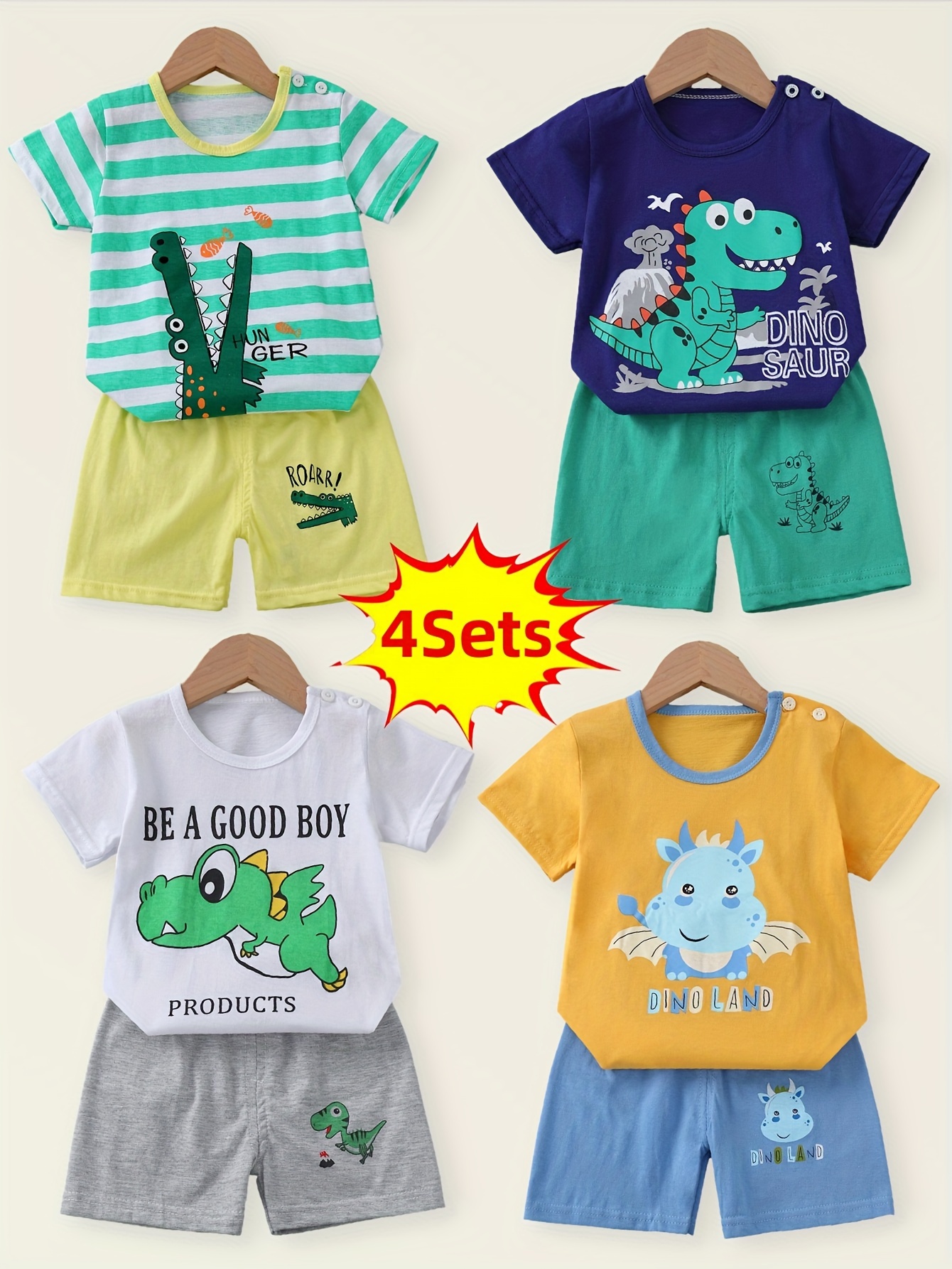 conjunto de 4 peças de calções de      , conjunto   e confortável para interior e exterior, conjunto casual com estampado de dinossauro, tigre e  , para exterior