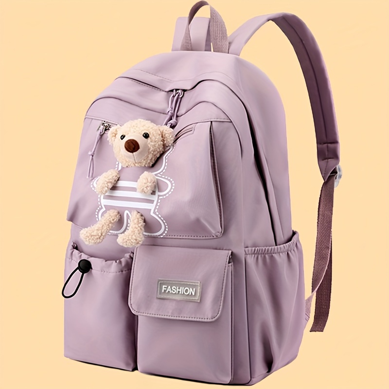 

Chic Lavender Nylon Backpack For Women - Adjustable Straps, Zip Closure, With Front Pocket & Bear Charm - , Casual High School & College Bag, Backpack For School