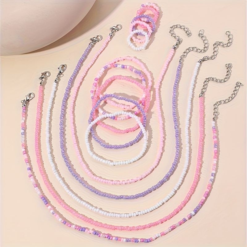15pcs Bohemian Style Colored Rice Bead Handmade Stringing Women's Necklace Bracelet Ring Set