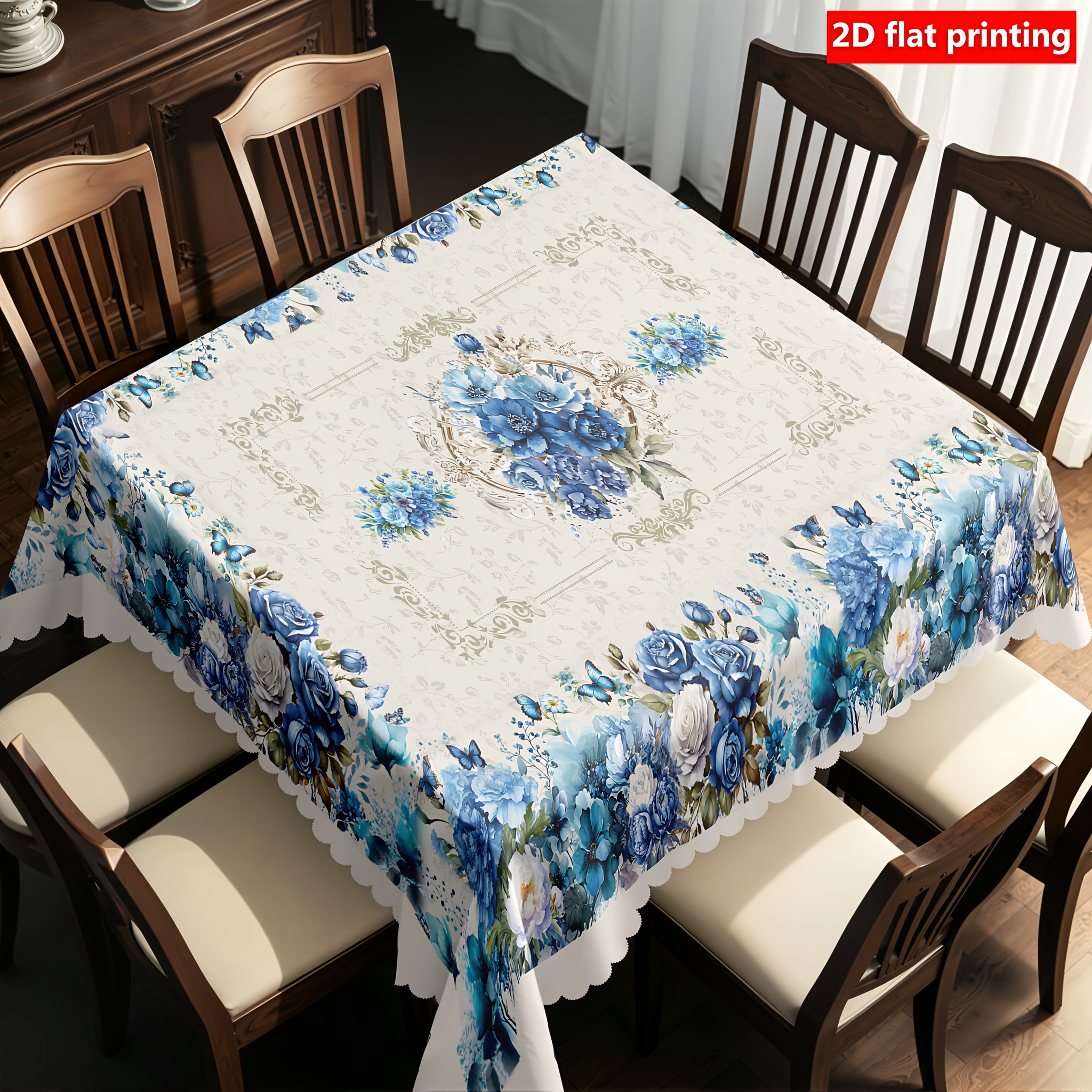 TEMU 1pc, Spring Summer Theme Tablecloth, Blue Rose Floral Pattern Tablecloth, Suitable For Daily Home Kitchen, Restaurant, Picnic, Courtyard And