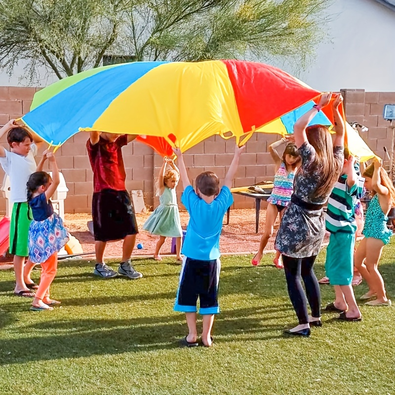 TONELAB Rainbow Parachute with Handle - Colorful Outdoor Activity for Teamwork, Family Fun & PE Equipment, Perfect for Youngsters, School Gym Classes, Halloween, Christmas & Thanksgiving