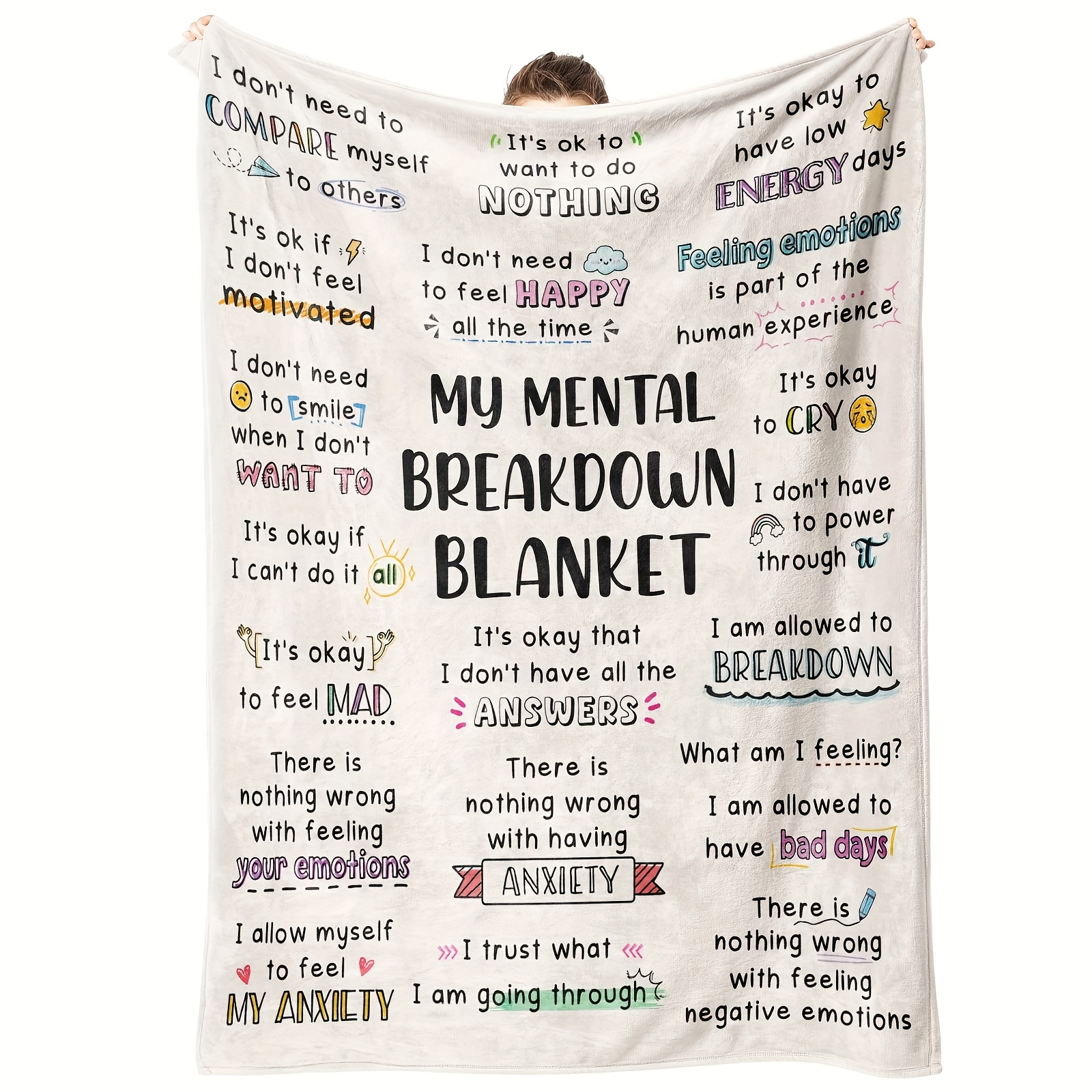 TEMU 1pc Mental Health Positive Energy Slogan Printed Blanket, Fleece Material, Machine Washable, Use, Suitable For Napping, Sofa, Camping, Picnic,