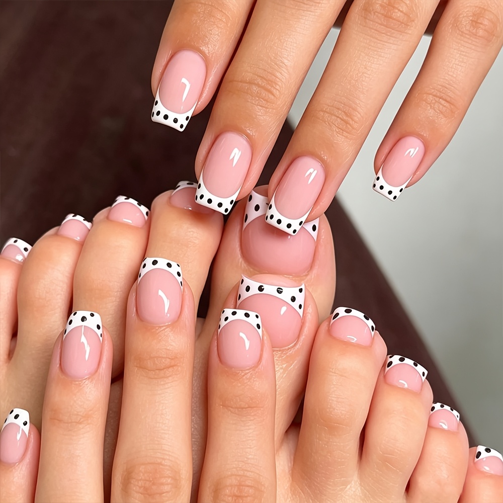 TEMU 48pcs Acrylic Short Square White Black Polka Dot Fake Nail Set For Toes And Fingers, 12 Classic And Versatile Sizes, Salon Artificial Nail Decorations For Women, For Women' Summer , As A Gift