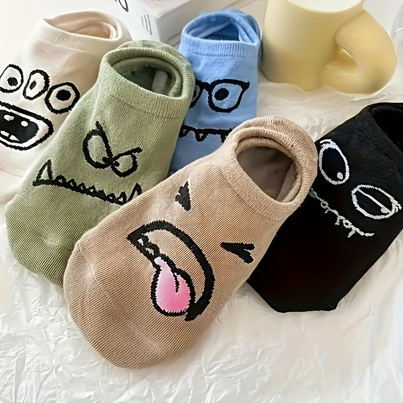 TEMU 5 Pairs Cute -like Cartoon Socks With Prints (angry, , Smiling) - Ankle Socks For &, Wear, Machine Washable - ' Party Favors & Everyday Outfits