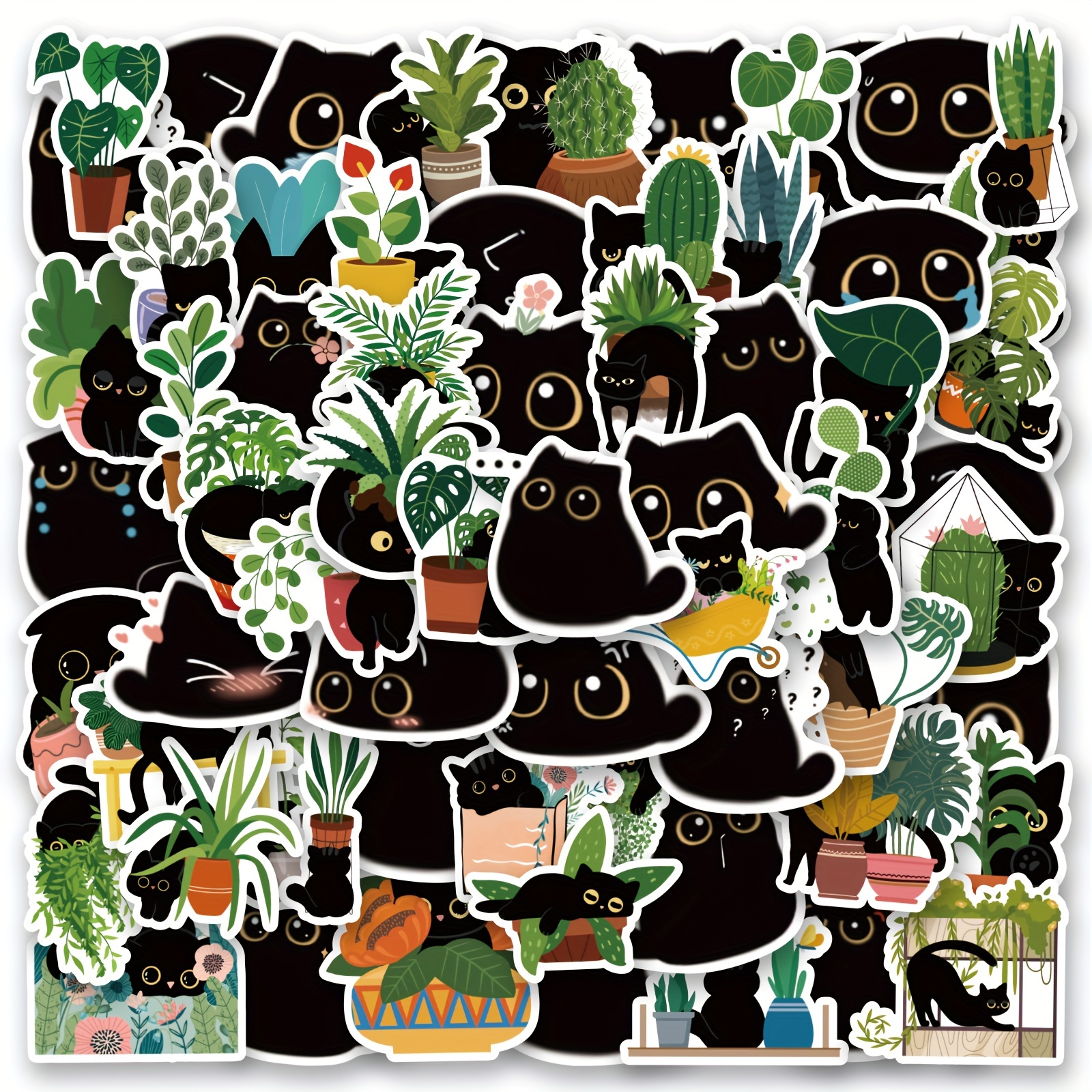 

100-piece Black Cat & Plant Vinyl Stickers - Aesthetic Decals For Scrapbooking, Laptops, Water Bottles & More