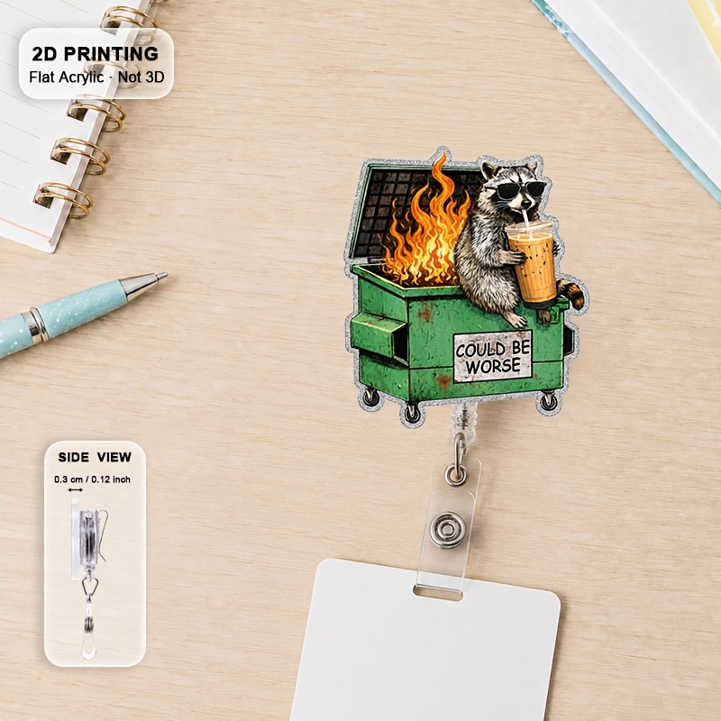 TEMU 2d Printed Acrylic Fun Raccoon Garbage Retractable Badge Reel, Badge Clip, Cute Animal Gift, For Nurses, Teachers, Office Staff, And Colleagues