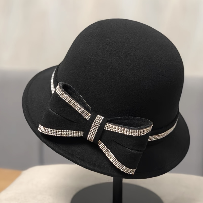 TEMU 1pc Fisherman Hat, Stitched Women's Elegant Style Fashionable Versatile Top Hat With Rhinestone Bow, Tweed Bucket Hat, British Vintage Dome Top