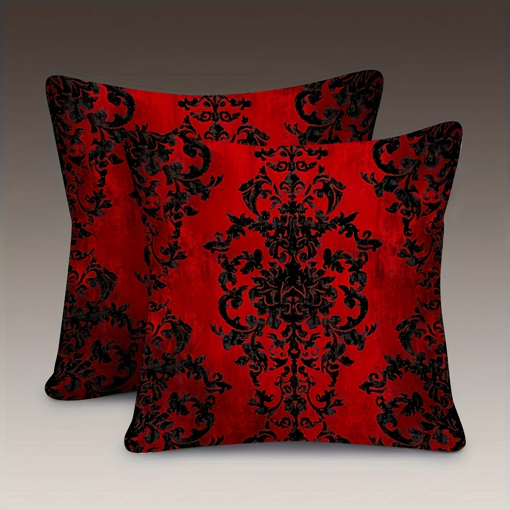 TEMU 2pcs, Double Sided Soft, Throw Pillow Cover 18x18inch, A Red Velvet Fabric With Black Baroque Patterns, Featuring, Suitable For Sofas, Chairs,