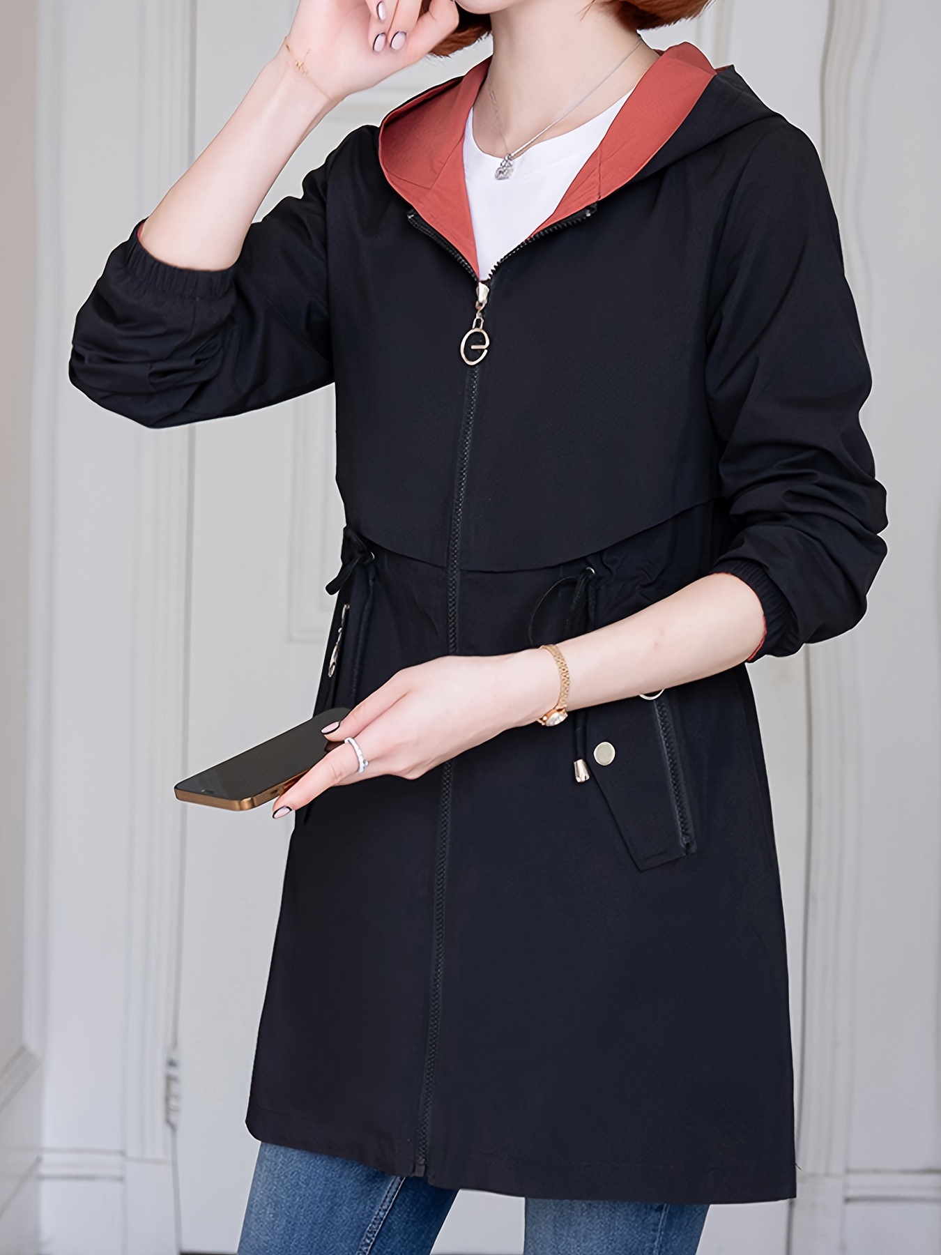 Chaqueta casual de inspiración coreana para mujer, doble cara, midi, con cintura ajustable, cierre de cremallera y forro de contraste, color sólido, abrigo para primavera/otoño, chaqueta rompevientos, atuendo casual, estilo de moda coreana, diseño de cintura entallada - Imagen 3