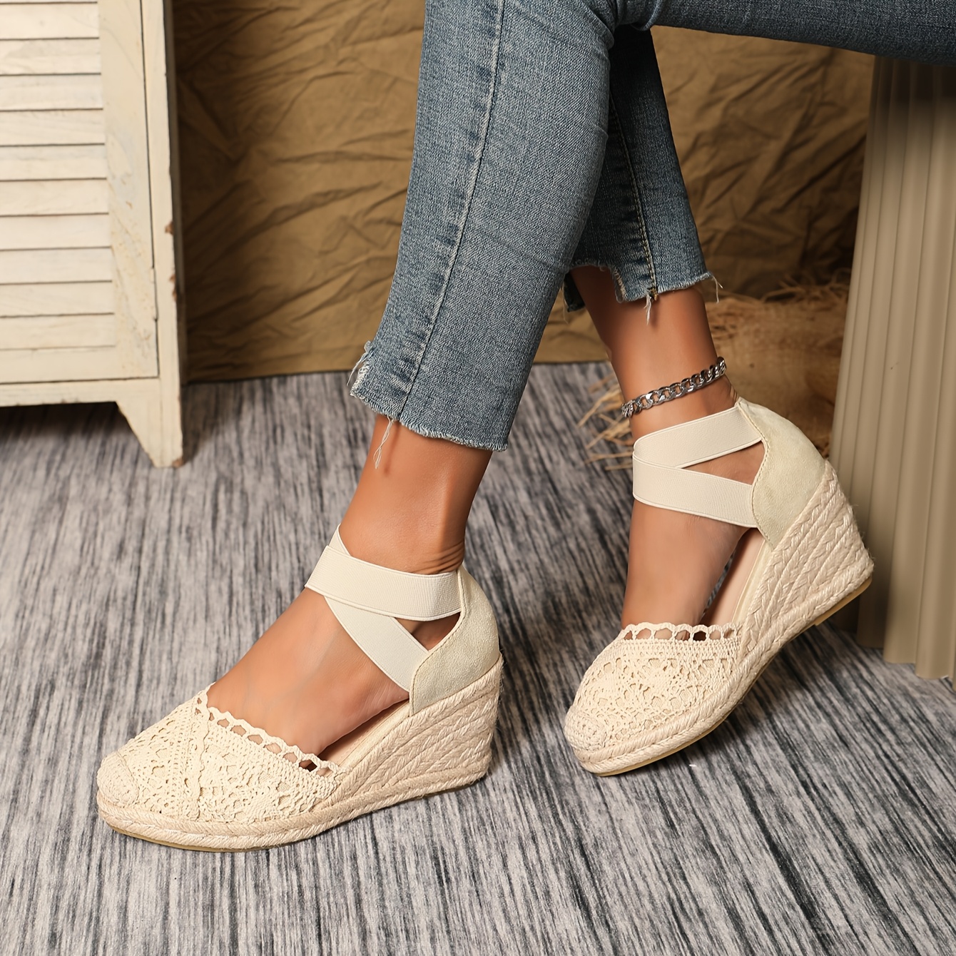 

Women's Elegant Espadrille Wedge Heels - Breathable Strap, Lightweight Fashion Design With Braided Detailing, Comfortable Pu Cover Insole, Wear