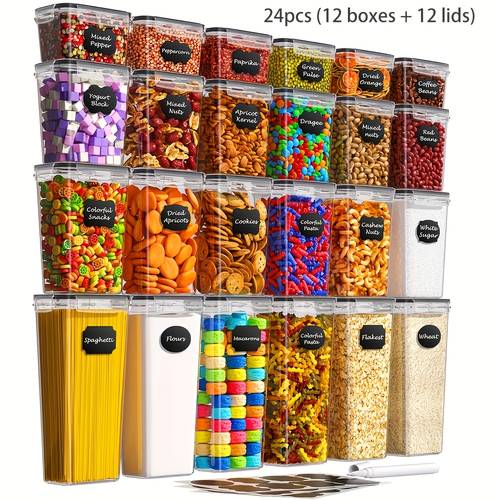 a set of 24 airtight food storage containers consisting of 12 containers and 12 lids organizing your kitchen pantry and ideal for keeping flour sugar and other dry items