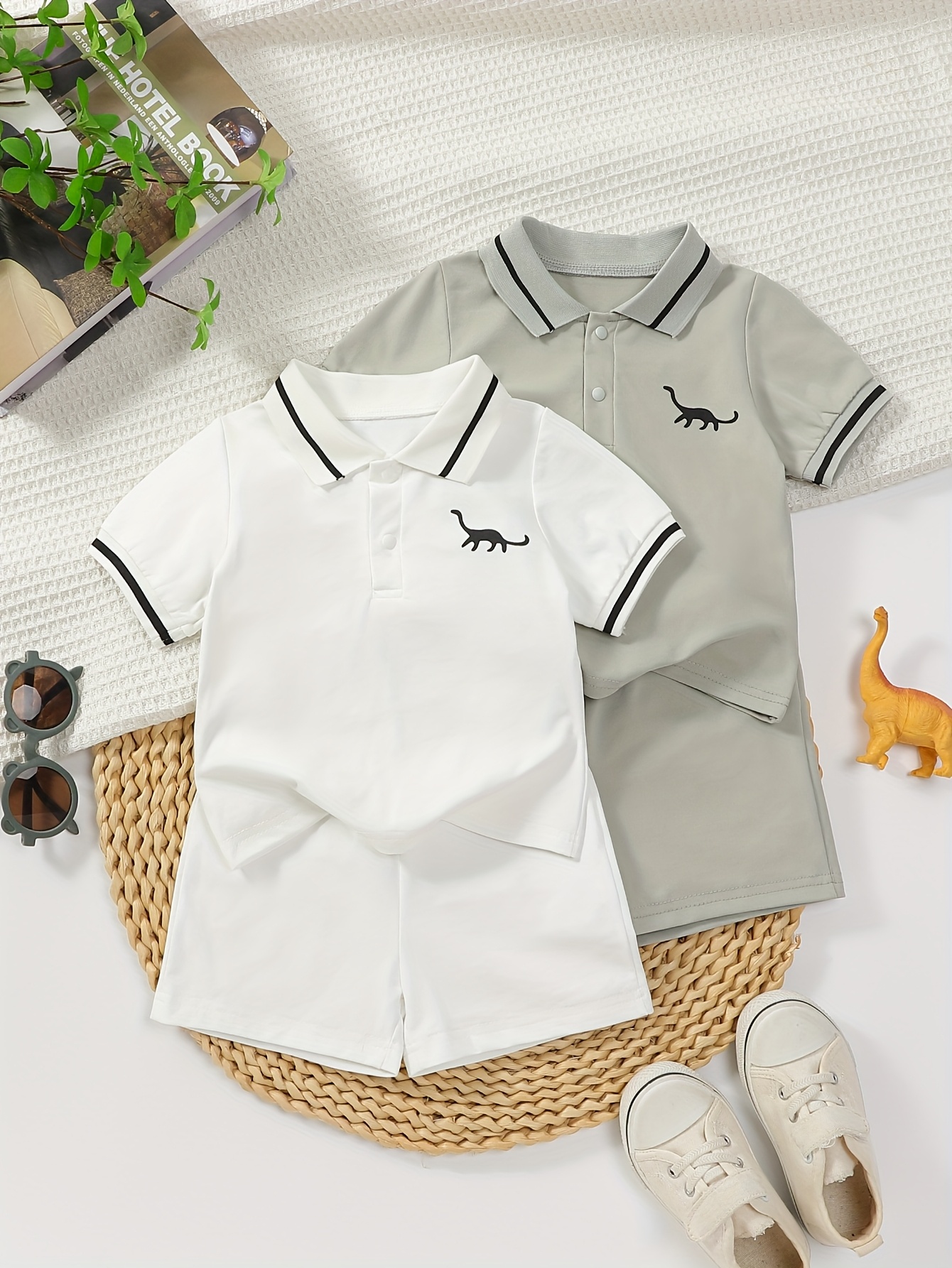 New Summer Boys' POIO Collar Casual Sport Dinosaur Print Short Sleeve Top and Shorts Multi-Color 4-Piece Set, Perfect for Outdoor