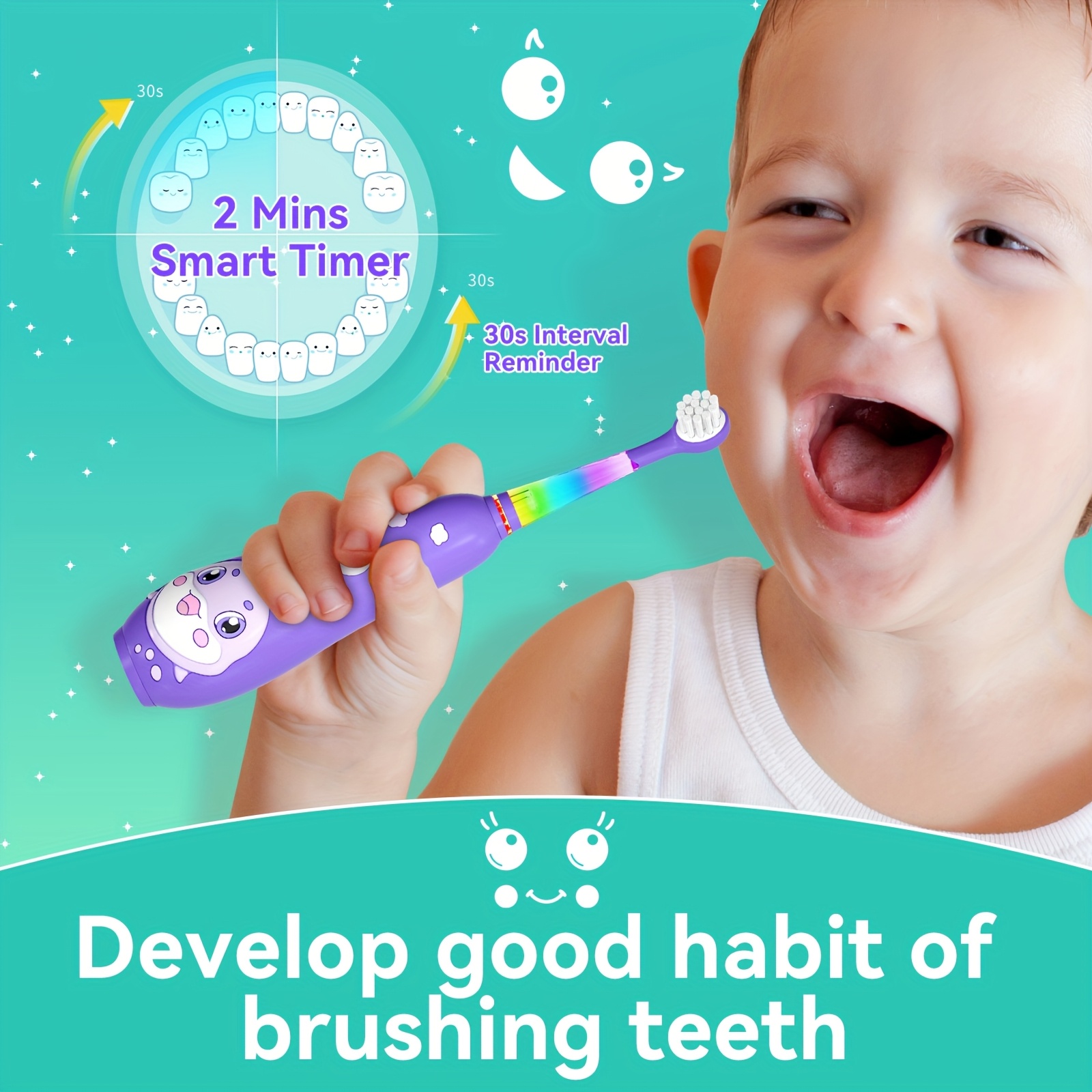 Electric Toothbrush | Cartoon Shape, LED Light, Soft Bristles, Magnetic Charging, 8 Brush Heads, USB Powered, Mixed Color, for Aged 0-6 Years