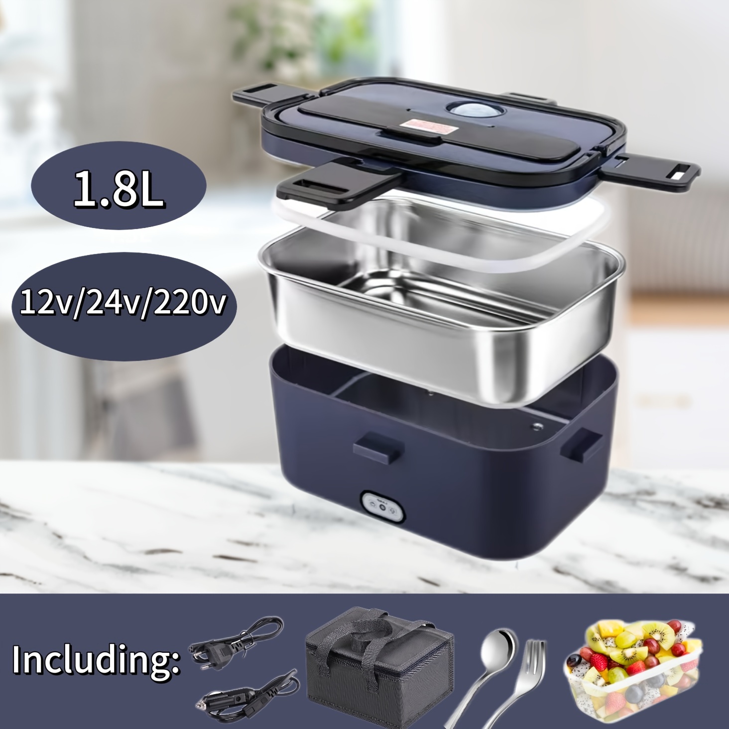 

60w Blue And Black Electric Heated Lunch Box For Commuting Workers With Insulated Bag And Cutlery Set, 1.8l Lunch Heated Lunch Car Available