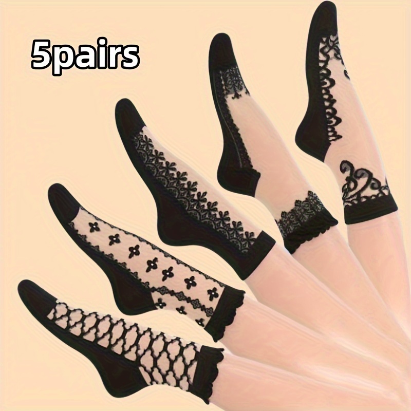 

5/6 Pairs Vintage Embroidery Socks, Comfy & Breathable Short Mesh Socks, Women's Stockings & Hosiery