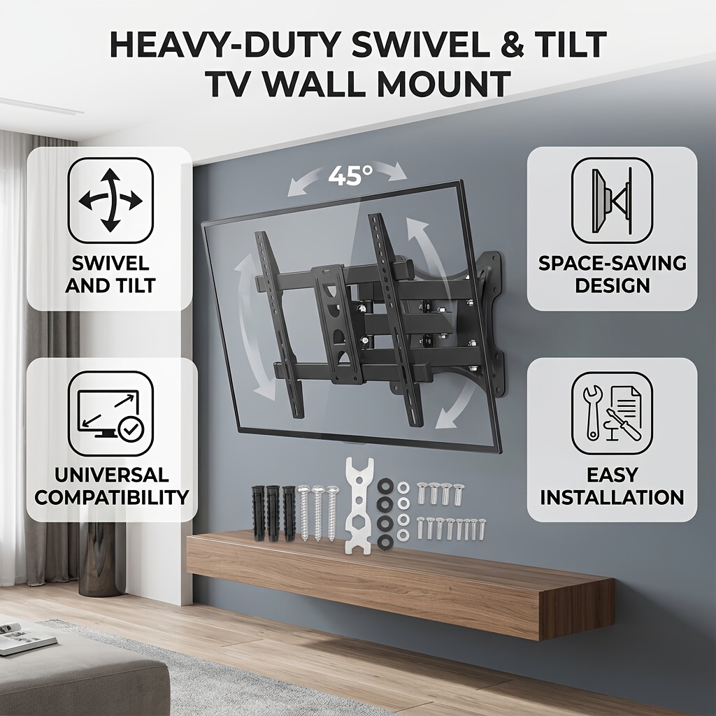 Image of Heavy Duty Foldable Tv Wall Mount Bracket, Black Steel Swivel & Tilt Tv Monitor Holder, Stable Load Bearing Television For 14-42 Inch Flat Screen Tvs