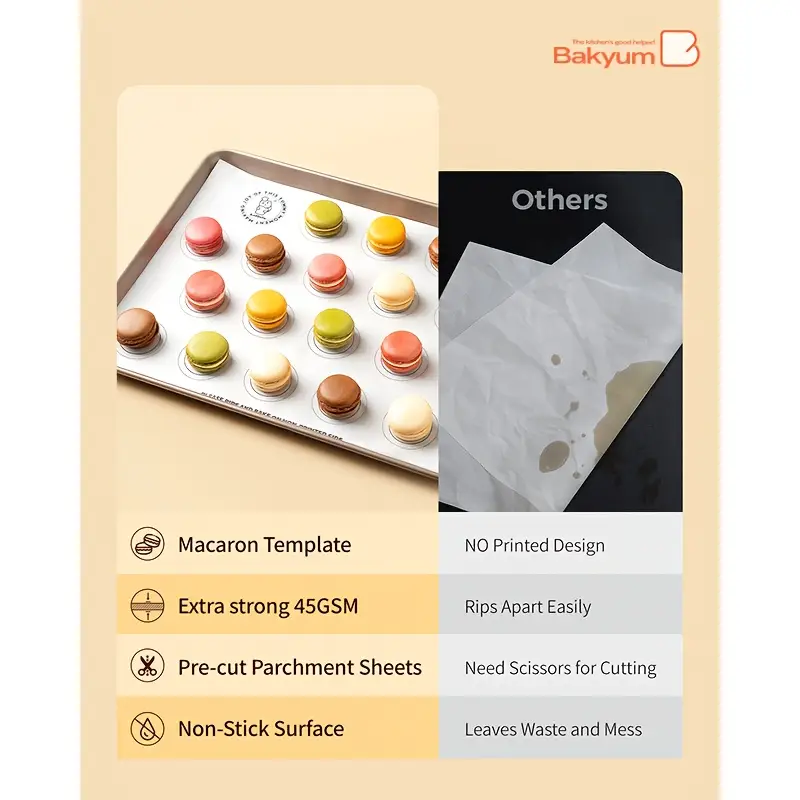100 sheets heavy duty non stick pre cut parchment baking paper 12x16 inch macaron printed with rounded corners non toxic natural pine resin wood based for oven air fryer steaming bread cupcakes holiday baking halloween christmas easter thanksgiving safe for sensitive light beige individually wrapped Product details 3