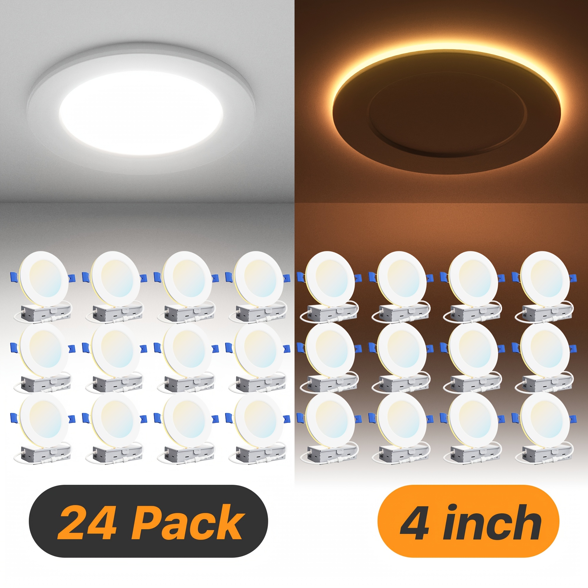 TEMU Plafonnier LED Encastré 6 pouces/4 pouces avec Veilleuse 6/12/24pcs, Dimmable, 2700K-5000K , 1200LM 12W 120V, Faisceau Lumineux Haute Luminosité