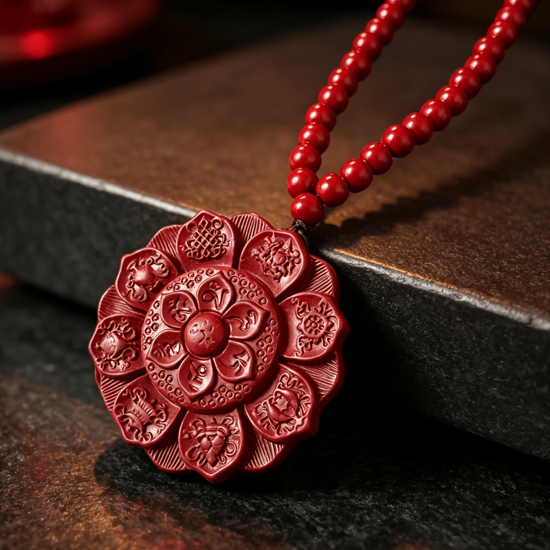 Chinese Style Red Sand Embossed Lotus Pendant Necklace