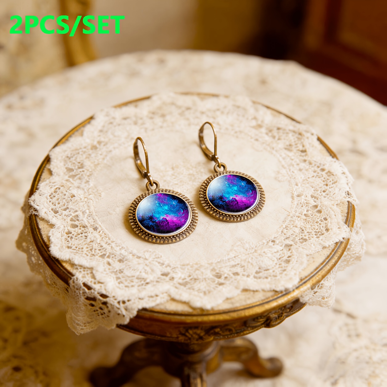 2pcs Blue Classic Pendant Earrings Set, Cosmic Nebula Design