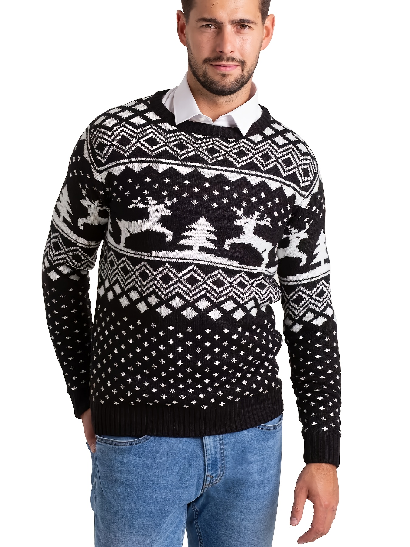 men's plus size christmas sweater black reindeer striped Temu